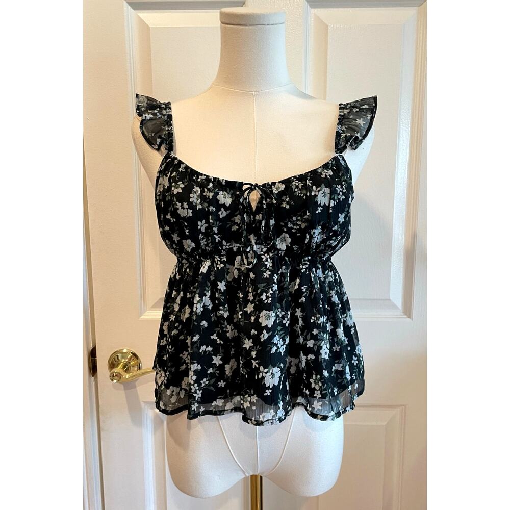 Hollister Black White Floral Chiffon Babydoll Ruffle Cami Tank Top Size S Fairy